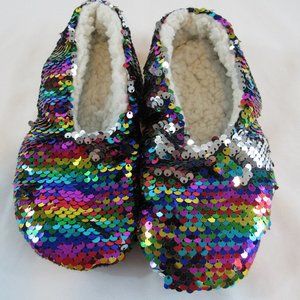 Girls Size S/M, Rainbow Fish Scale Sequin Bling, Sherpa Lined Slippers Unbranded